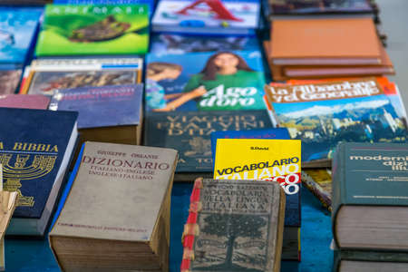 CESENA (FC) - FEBRUARY 17, 2019: lights are enlightening books for sale on stalls at antique fairのeditorial素材