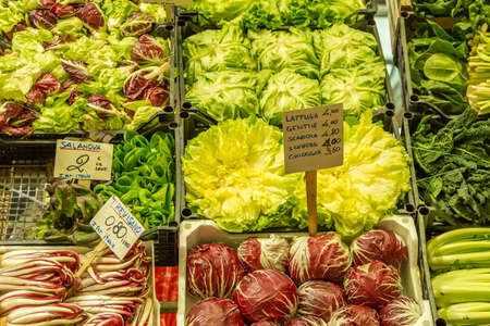 MODENA (MO), ITALY - FEBRUARY 15, 2019: light enlightening vegetables for sale in Albinelli covered market in the historical center of Modenaのeditorial素材