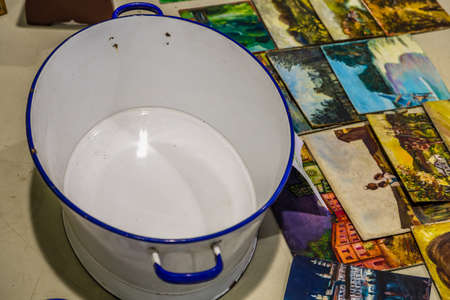 CESENA (FC) - FEBRUARY 17, 2019: lights are enlightening basin for sale on stalls at antique fairのeditorial素材