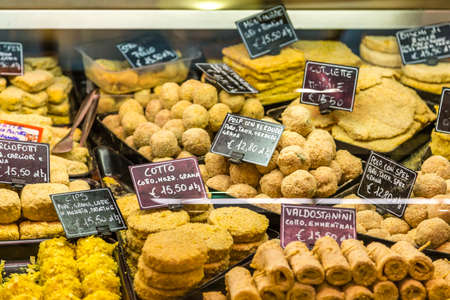 MODENA (MO), ITALY - FEBRUARY 15, 2019: light enlightening food for sale in Albinelli covered market in the historical center of Modenaのeditorial素材
