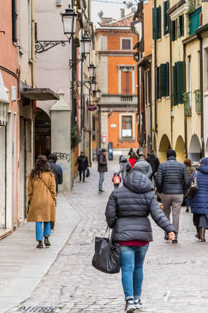 PADOVA, ITALY - FEBRUARY 23, 2019: tourists are walking in typical street of historical centerのeditorial素材