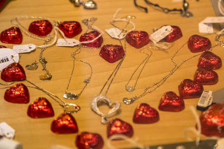 MODENA (MO), ITALY - FEBRUARY 15, 2019: sunlight is enlightening necklaces in the historical center of Modenaのeditorial素材
