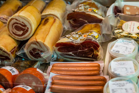 MODENA (MO), ITALY - FEBRUARY 15, 2019: light enlightening food for sale in Albinelli covered market in the historical center of Modenaのeditorial素材