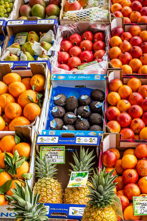 PADOVA, ITALY - FEBRUARY 23, 2019: sunlight is enlightening fruit for sale in Paduaのeditorial素材