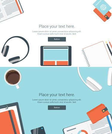 Vector set top view of modern business office and working place elements on desk background. flat designのイラスト素材