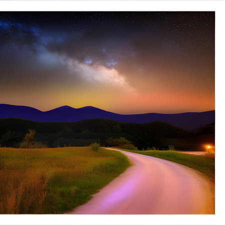 Landscape with road and starry sky. Collage of nature.の素材