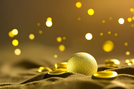 Golden Christmas ball and golden bokeh lights on yellow fabric backgroundの素材