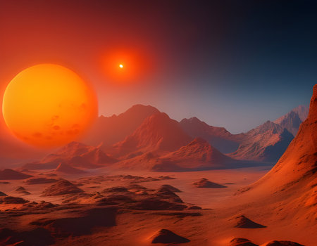 Fantasy alien planet. Mountain and sun. 3D illustration.の素材