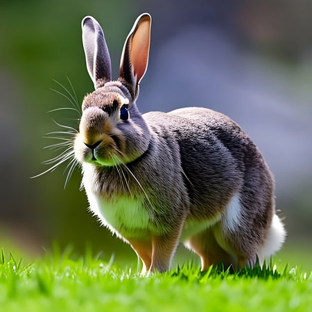 rabbit on green grass in springtime, closeup of photoの素材