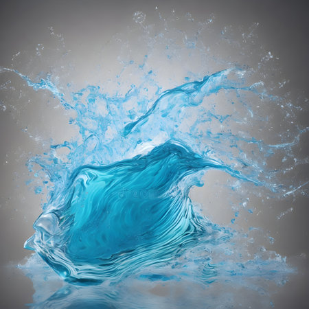 Blue water splash isolated on gray background. 3d render illustration.の素材