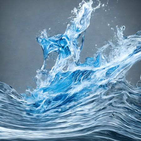 Blue water splash isolated on gray background. 3d render illustration.の素材