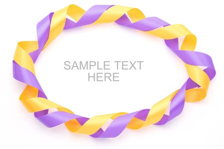 Purple and yellow gift bow frame  isolated on white backgroundの写真素材