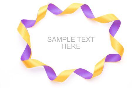 Purple and yellow gift bow frame isolated on white backgroundの写真素材