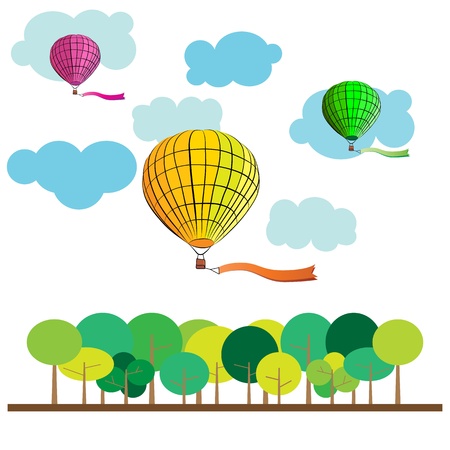 Hot air balloon over green forest, vector formatのイラスト素材