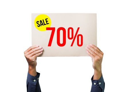 Two hands holding brown cardboard with sale 70% on white backgroun