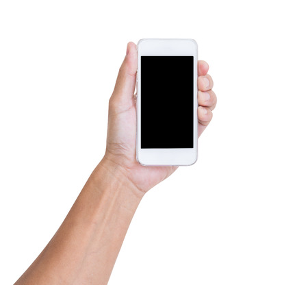 Man hand holding smartphone isolated on white background, clipping pathの写真素材