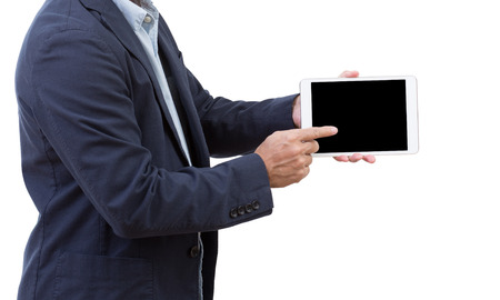 Business man hand touching blank screen tablet computer isolated on white background, clipping path