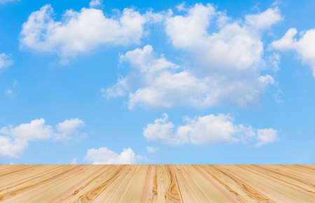 Wooden floor with blue sky backgroundの写真素材