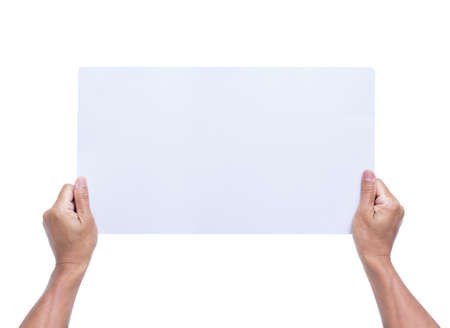 Hands holding blank paper isolated on white backgroundの写真素材