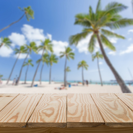 Wood table and beach backgroundの写真素材