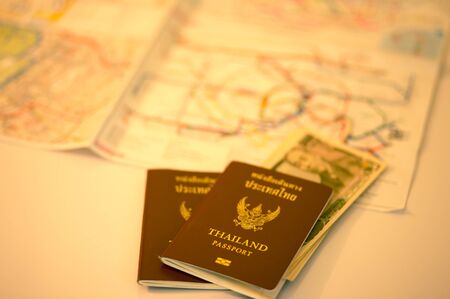 Passport with Japanese banknote with retro color effectedの写真素材