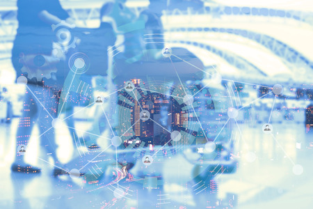 Double exposure of  people and city and graphic design of internet of things use for brochure or...