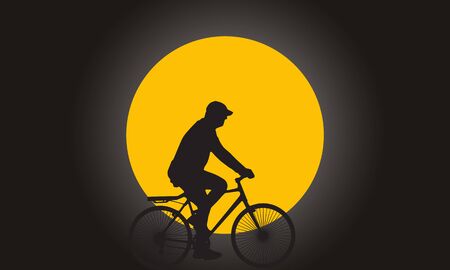 Silhouette man riding the bicycle with super full moon on backgroundの写真素材