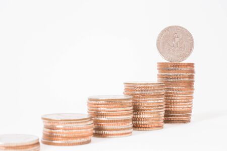 Selective focus of stack of US. dollar coinsの写真素材