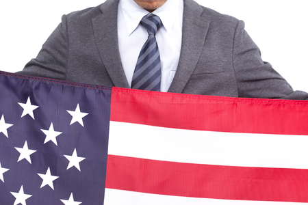 Businessman cover with United states of america flag on white backgroundの写真素材