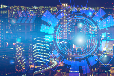 Double exposure of cityscape and business technology graphic design background. Mixed mediaの写真素材