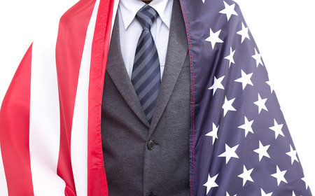 Businessman cover with United states of america flag on white backgroundの写真素材