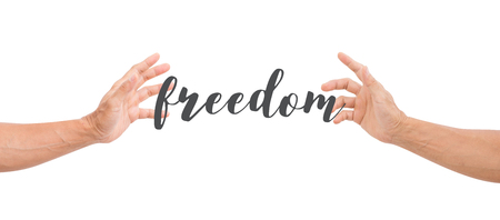 Man hand grabbing  freedom isolated on white background. clipping pathの写真素材