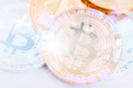 Double exposure of Bitcoin with technology graphic design backgroundの写真素材