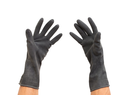 Man hand with black rubber glove. isolated on white background.の写真素材
