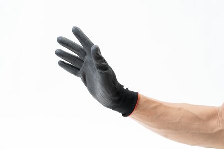 Man hand with black anti slip gloves on white background
