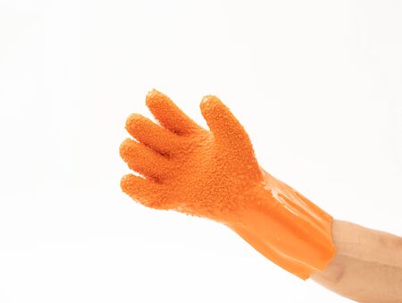 Durable gloves for peeling vegetable and cooking on white backgroundの写真素材