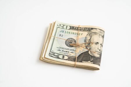 Twenty dollar banknote on white backgroundの写真素材
