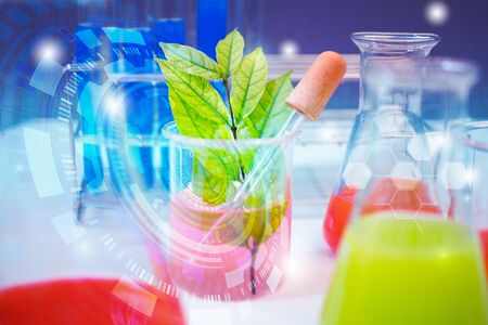 Scientist research and development concept. Double exposure image of medical lab instrument and chemistry in laboratory for medicine studyの写真素材