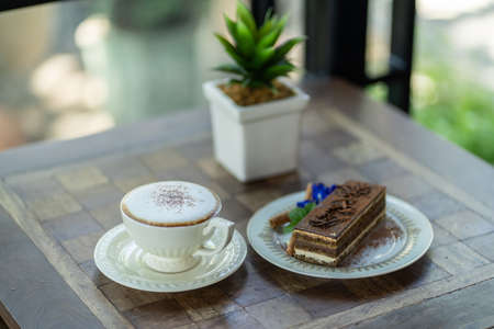 Coffee latte and chocolate cakeの写真素材