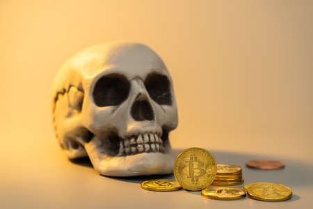 Bitcoin and skull mock up for business financial conceptの写真素材