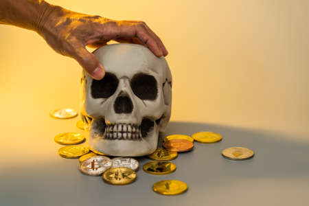 Bitcoin and skull mock up for business financial concept