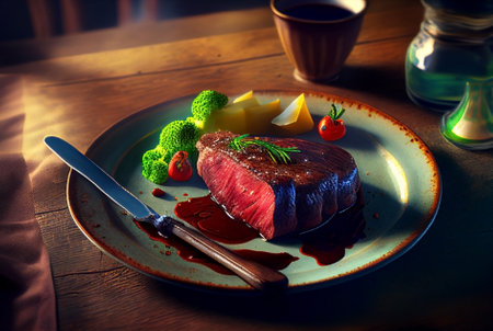 Top view of medium grilled beef steak on wood table. Generative AI.の素材