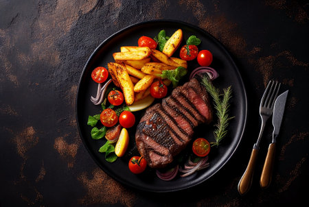 Grilled sirloin steak with fried potato and vegetable on black plate. Generative AI.の素材