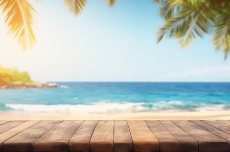 Empty wood tablet top with seascape on background. Generative ai.の素材