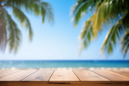 Empty wood tablet top with seascape on background. Generative ai.の素材