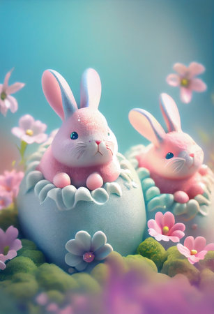 Happy easter.  Adorable bunny  in flower meadow pastel colored. Generative AI.の素材