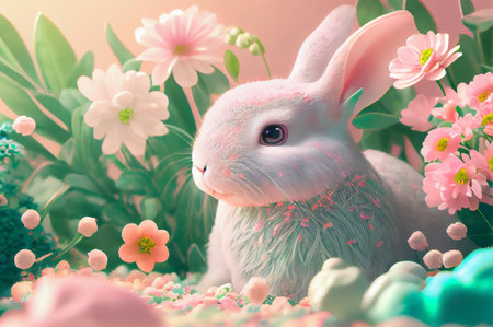 Happy easter.  Adorable bunny  in flower meadow pastel colored. Generative AI.の素材