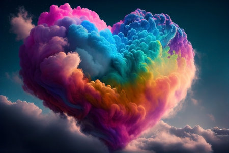 Heart-shaped fluffy clouds with a rainbow illustration. Generative AI.の素材