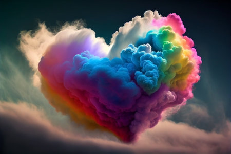 Heart-shaped fluffy clouds with a rainbow illustration. Generative AI.の素材