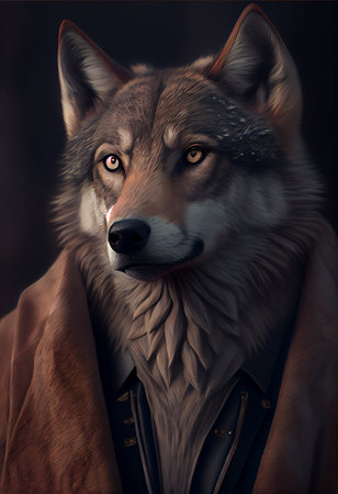 illustration portrait of mister wolf wearing coat. Generative AI.の素材